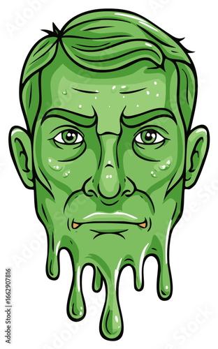 Green Goo Man Face Dripping with Cartoon Style