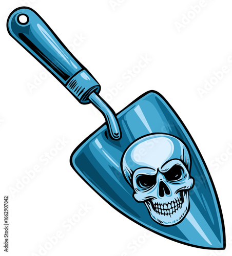 Gardening trowel with a skull graphic for macabre gardening or spooky themes