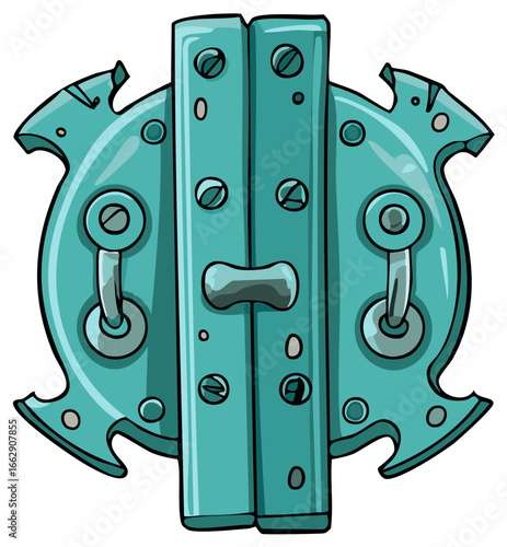 Antique ornate teal metal door latch cartoon illustration with screws