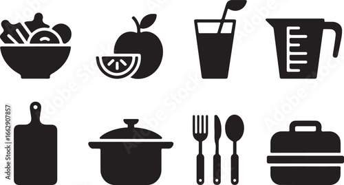Set Kitchenware Utensils Food Healthy Nutrition Diet Black Silhouette Icon