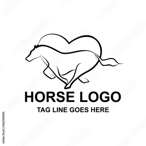 Elegant line art of a running horse forming a heart shape. A minimalist logo concept for equestrian clubs, veterinary services, or animal lovers. Vector.