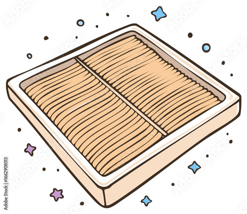 Hand drawn illustration of a rectangular makeup compact powder with brush lines and sparkling stars