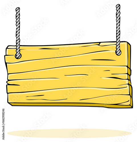 Yellow Wooden Signboard with Hanging Rope, Isolated Cartoon Illustration