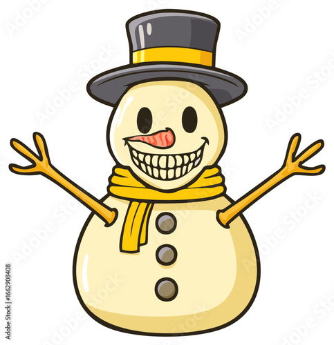 Cheerful cartoon snowman character wearing a black top hat and yellow scarf with a big happy smile