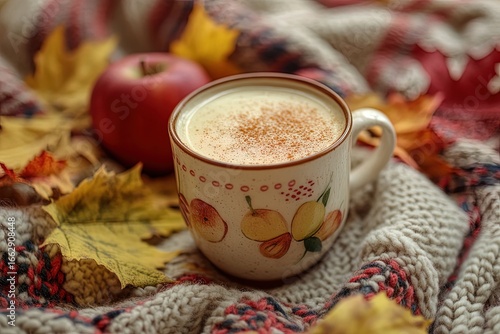 Cup of coffee with autumn leaves on table