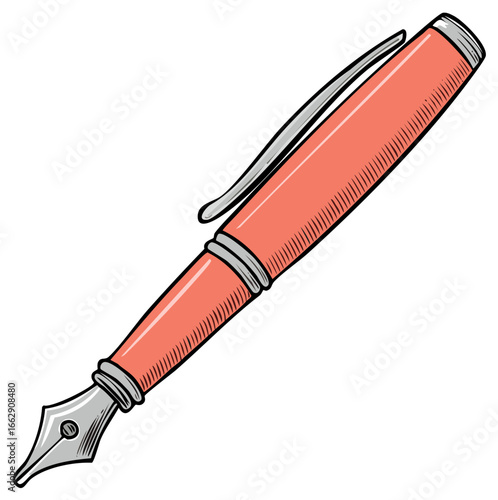 Vibrant cartoon style fountain pen illustration with a red body and classic nib