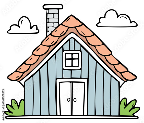 Cute hand drawn cartoon house with a chimney and shingled roof surrounded by clouds and green bushes