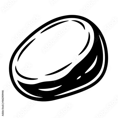 Single Smooth Rounded Pebble or Polished River Stone Black and White Vector Illustration