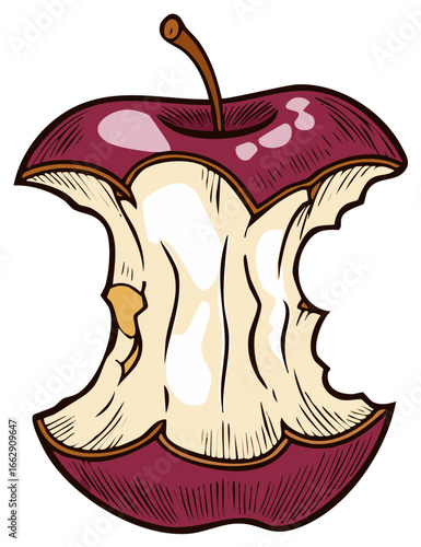 Vector drawing of red apple core, bite marks, and remnants of a fruit stem illustrate eating.