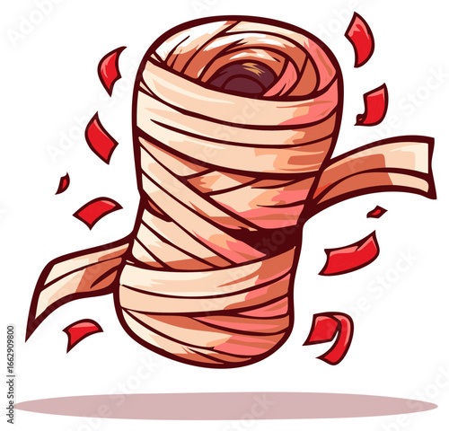 Cartoon mummy figure wrapped in unraveling bandages with red fragments floating dynamically