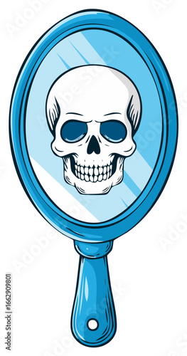 Skull Reflecting in Blue Hand Mirror Isolated on White Spooky Fairytale Image