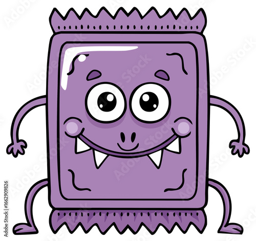 Cartoon monster character with large eyes and toothy grin, in purple