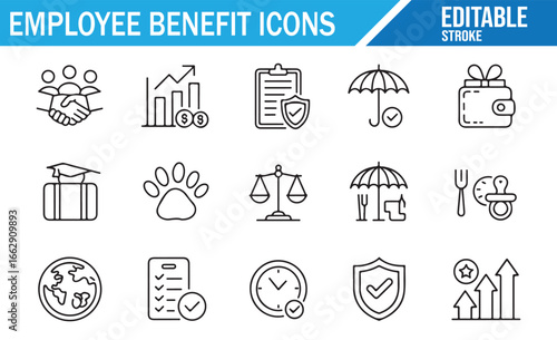 
Editable icons for employee wellness, protection, and incentive programs.
