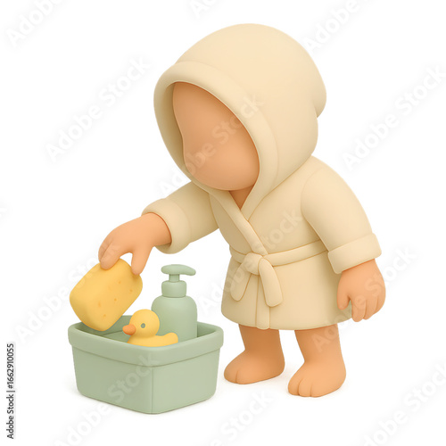 Child in cream robe preparing sponge and soap with bath items, 3D cartoon style