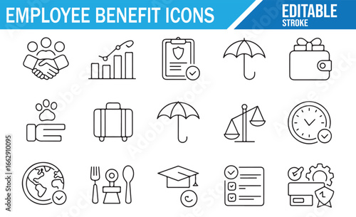 Set of icons representing employee insurance, rewards, and workplace health benefits.
