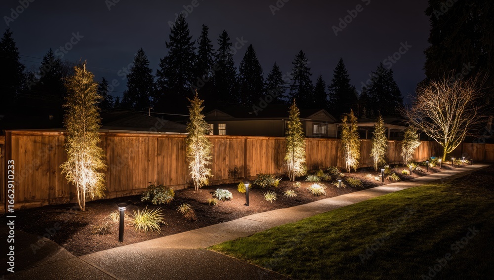 Obraz premium Nighttime garden path with illuminated trees and fence