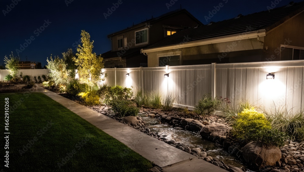 Obraz premium Nighttime backyard oasis with illuminated fence and landscaping