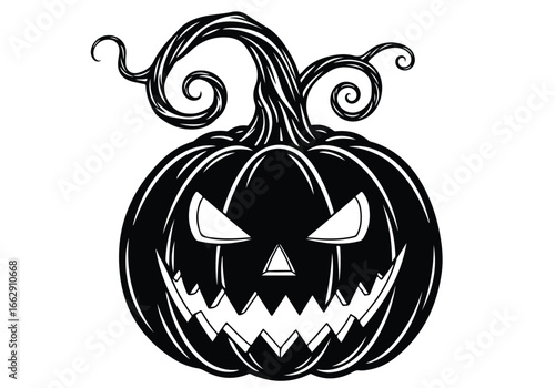 Spooky jack o lantern halloween pumpkin with scary grinning face and twisted stem