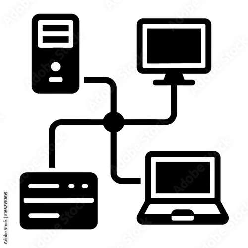 Black and White Vector Graphic of a Computer Network Connecting a Server, Desktop PC, and Laptop via a Hub