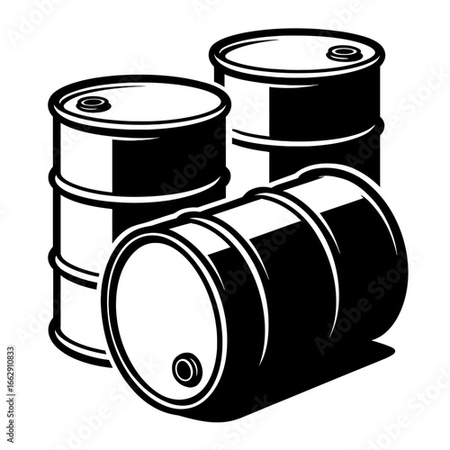 Black and White Vector Graphic of Multiple Industrial Metal Drums or Barrels Used for Oil or Chemical Storage