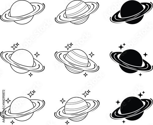 Planet Saturn silhouette icon set. Planet Saturn with planetary ring vector icons isolated on transparent background. Cosmos and astronomy planet vector illustration.