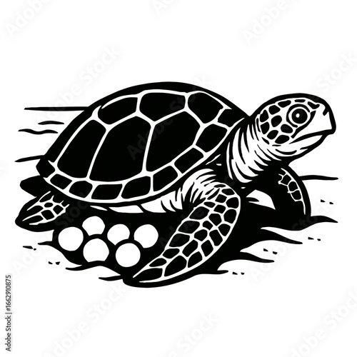 Black and White Vector Graphic of a Sea Turtle on a Beach Protecting its Nest and Unhatched Eggs