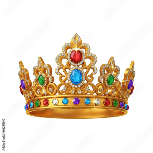 Ornate golden crown adorned with colorful gemstones on black background