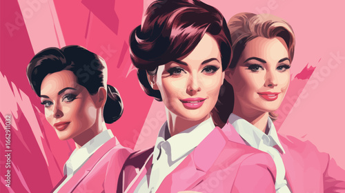 Three women dressed in chic pink suits pose confidently, showcasing a stylish and bold aesthetic. The vibrant pink backdrop enhances their glamorous looks and captures attention.