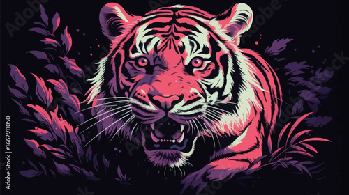 A striking tiger emerges from dense foliage, showcasing its vibrant orange and black stripes against a dark backdrop. The scene captures the fierce intensity of the majestic creature at night.
