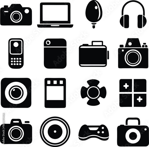 Collection of modern electronic gadgets and devices featuring cameras laptops headphones and gaming controllers organized in a grid layout for easy viewing