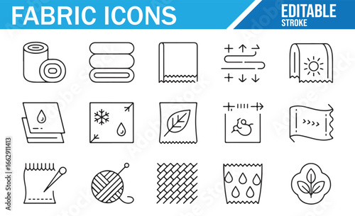 Set of line icons illustrating fabric textures, patterns, and textile-related concepts.