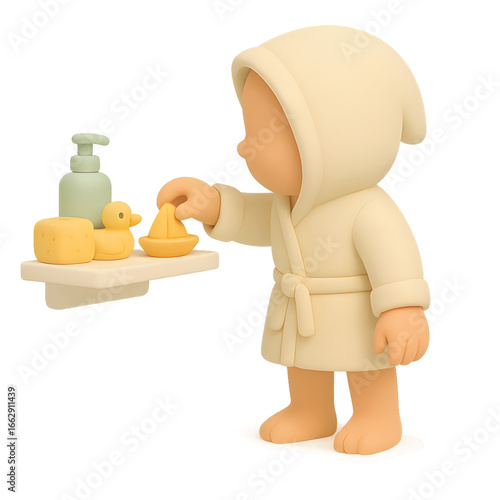 Child in cream robe reaching for toy boat beside bath products, 3D cartoon style