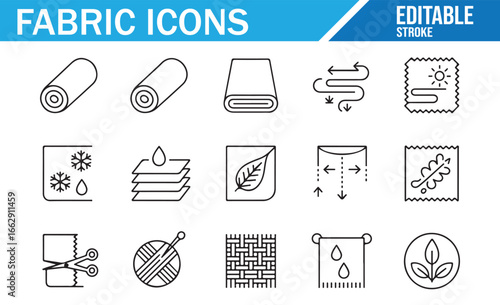 Editable collection of line icons representing fabric, textile, materials, and patterns for fashion, design, and sustainability concepts.