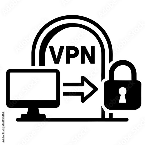 Black and White Vector Graphic Illustrating a Computer Connecting to a Secure Network with VPN and Lock Symbol