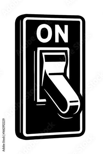 Monochrome Vector Graphic of a Vintage Style Electric Light Switch Flipped to the 'ON' Position