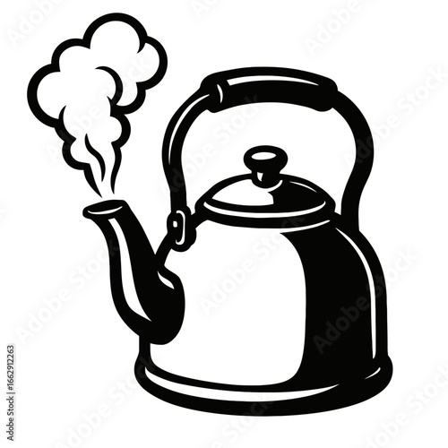 Vintage Style Black and White Vector Illustration of a Stove Top Kettle Whistling with Steam Coming from the Spout