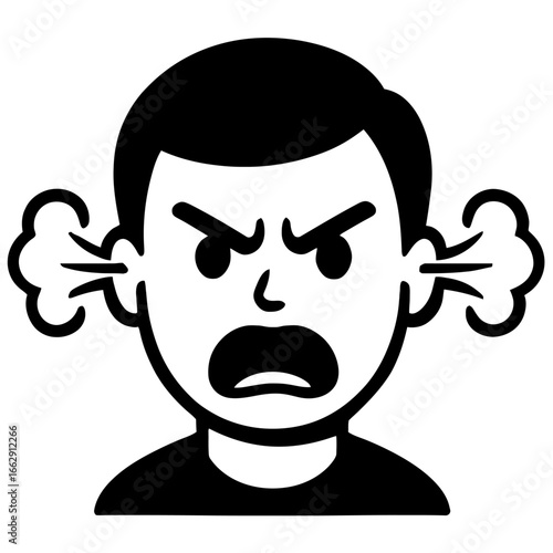 Black and White Vector Illustration of an Extremely Angry or Frustrated Man's Face with Steam Coming from His Ears