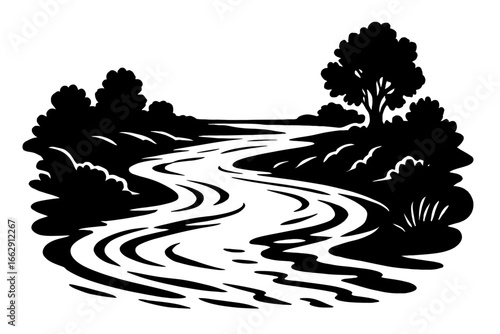 Monochrome Vector Art Illustrating a Winding River Flowing Through a Natural Landscape with Trees and Vegetation