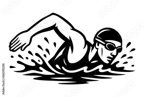 Vintage Style Black and White Vector Illustration of a Competitive Swimmer Doing the Freestyle or Crawl Stroke