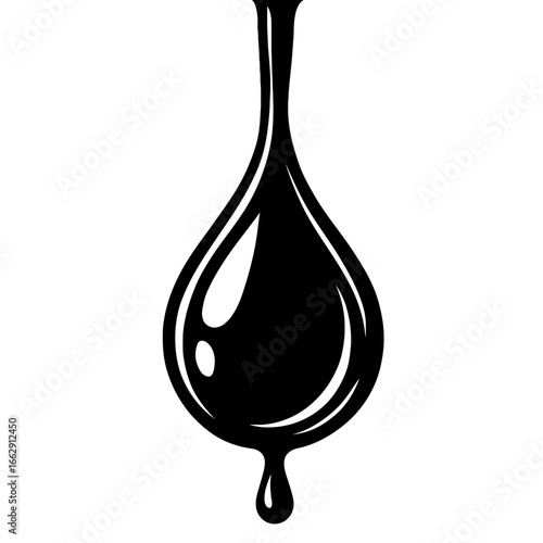 Single Dripping Black Drop Vector Illustration - Symbol for Oil, Petroleum, Engine Lubricant, or Syrup