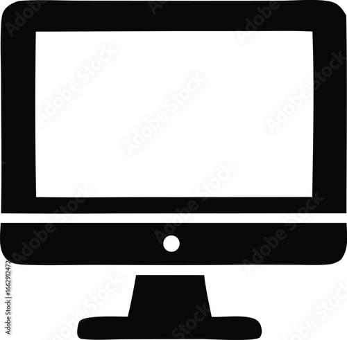 Simple black and white icon of a computer monitor displaying a blank screen ready for use or design