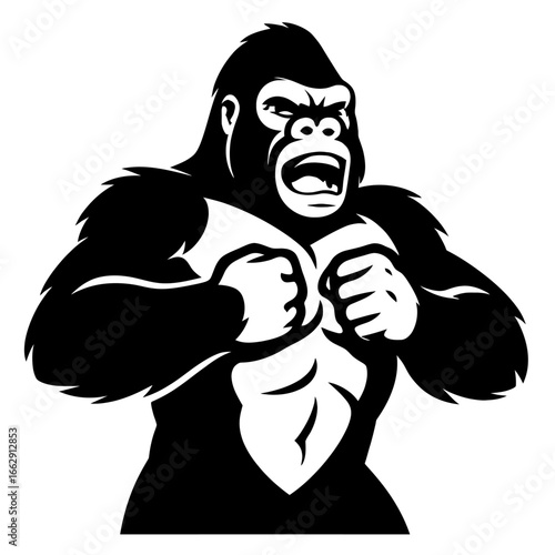 Fierce black and white illustration of a gorilla pounding its chest, symbolizing power, dominance, and raw strength.