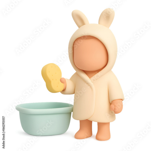Child in cute bunny bathrobe holding yellow sponge near empty tub, 3D cartoon style