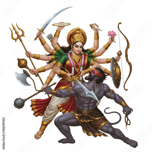 Hindu goddess durga defeating the demon mahishasura in a fierce battle