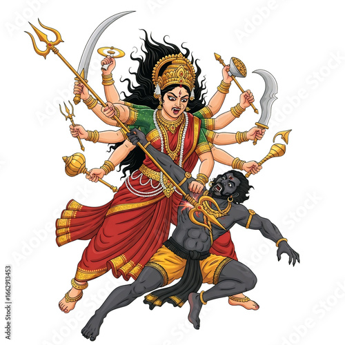 Hindu goddess durga in her fierce form battling a demon