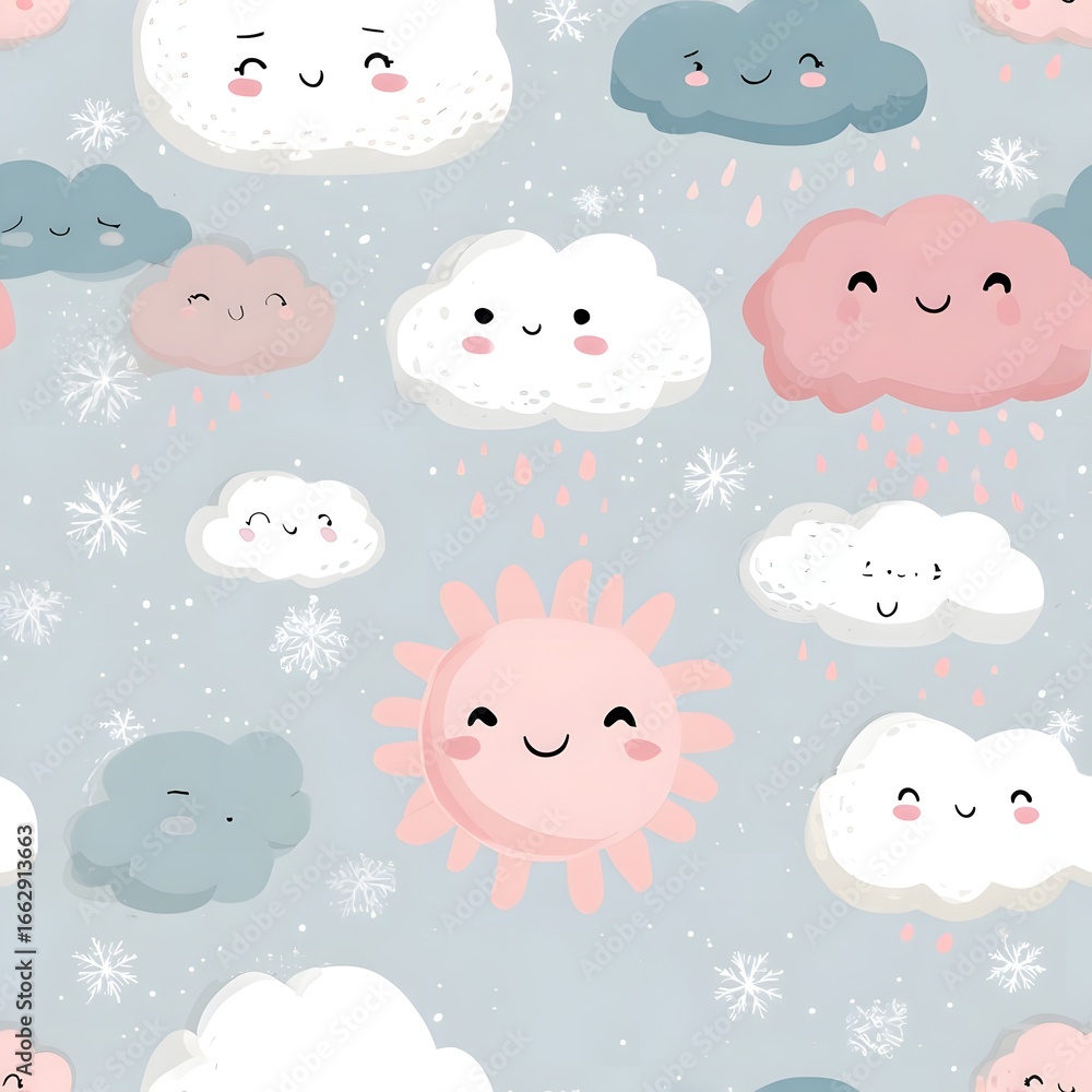 Fototapeta premium Cute cartoon clouds and sun pattern with smiling faces on a light gray background, ideal for children's decor