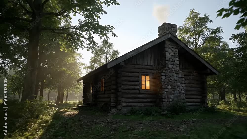 Secluded log cabin bathed in morning sunlight, nestled amidst a tranquil forest. Secluded log cabin bathed in morning sunlight, nestled amidst a tranquil forest.