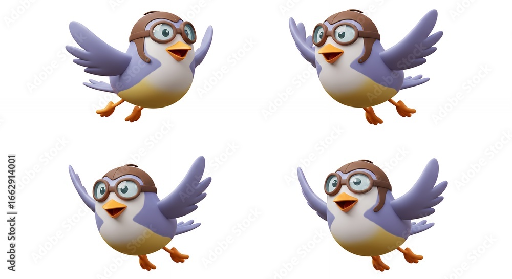 Naklejka premium Four cartoon birds in flight