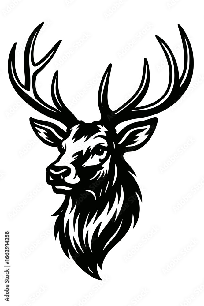 Naklejka premium Striking black and white illustration of a stag's head, featuring impressive antlers and a powerful gaze.