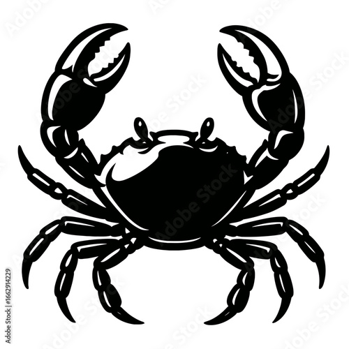 Black and white illustration of a crab with its claws raised, depicting a defensive or aggressive stance.